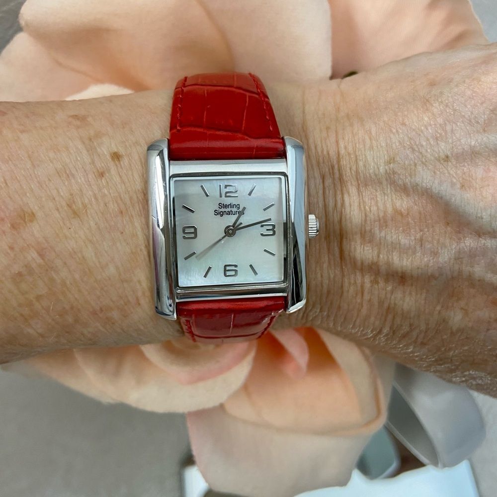 Sterling Signatures 925 Silver Tank Style Watch Mother of Pearl Dial Red Leather - Picture 8 of 16